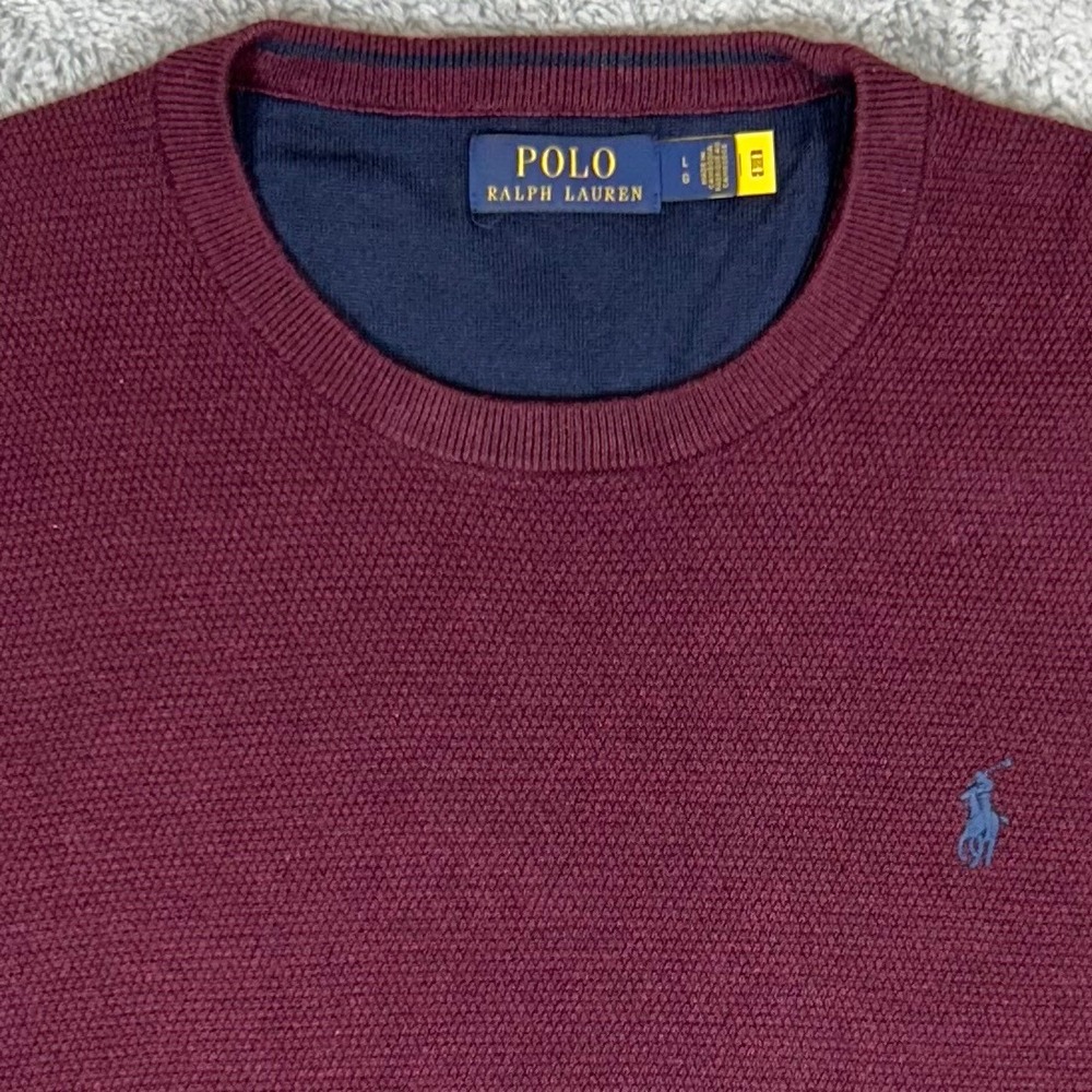 Polo Ralph Lauren Mens Large Burgundy Waffle Knit Cotton Crewneck Sweater Maroon